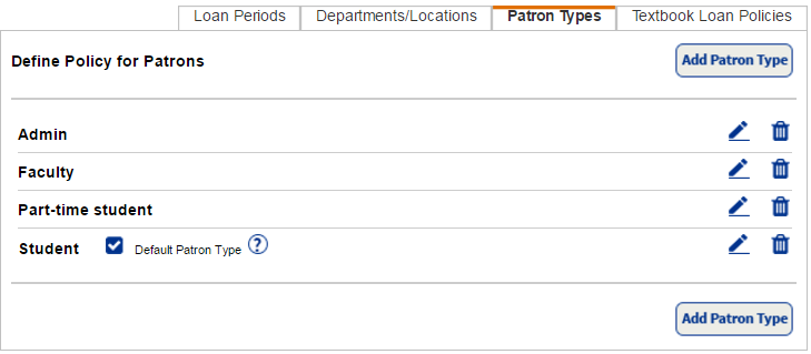 Current patron types set up at a school.